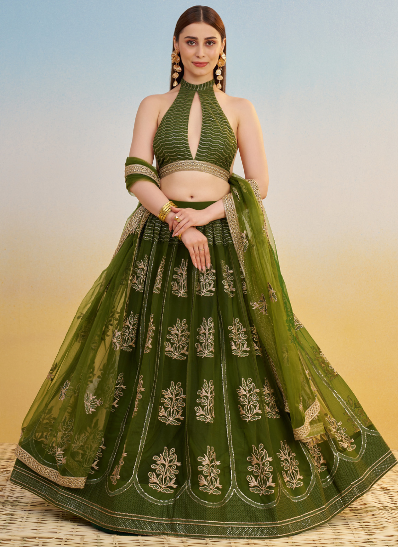 Net Sequence Embroidered Mehendi Green Occasional Fancy Lehenga Choli