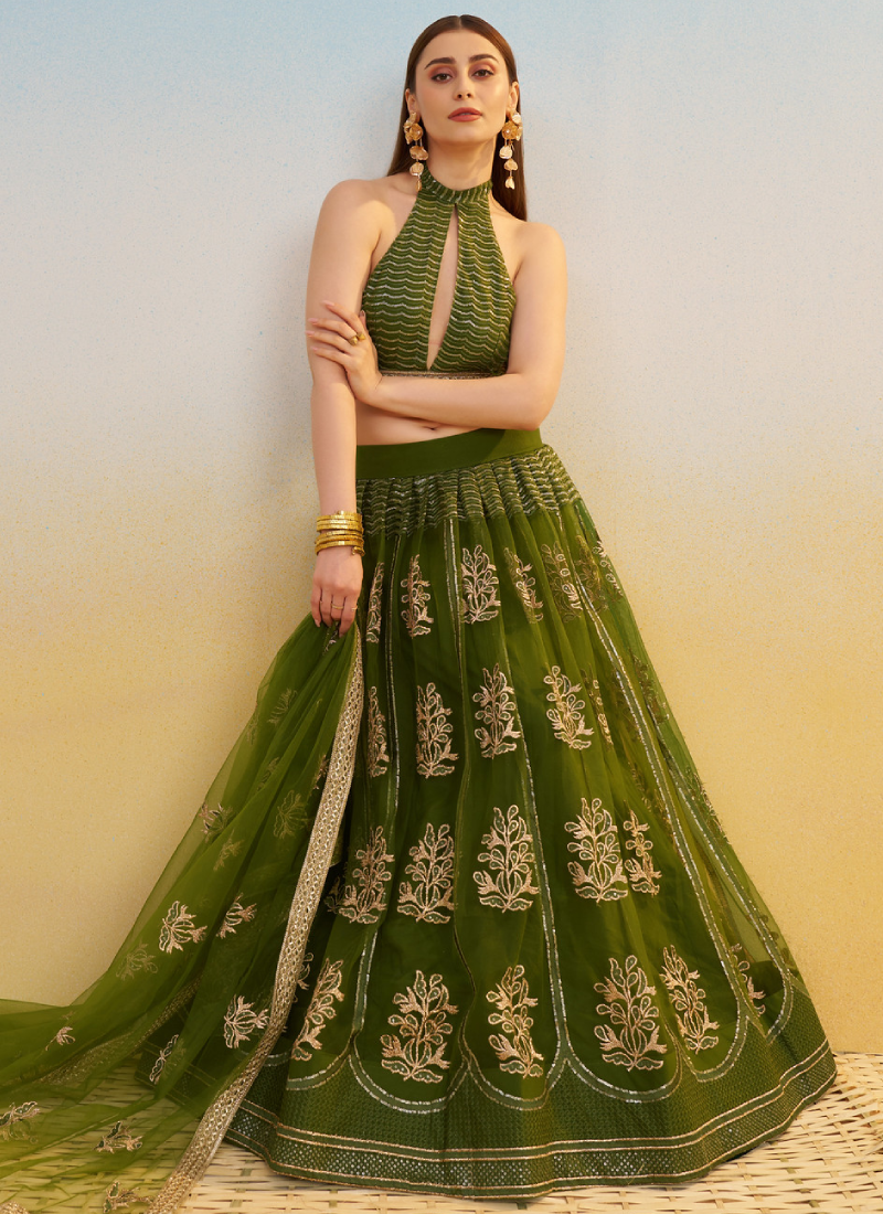 Net Sequence Embroidered Mehendi Green Occasional Fancy Lehenga Choli