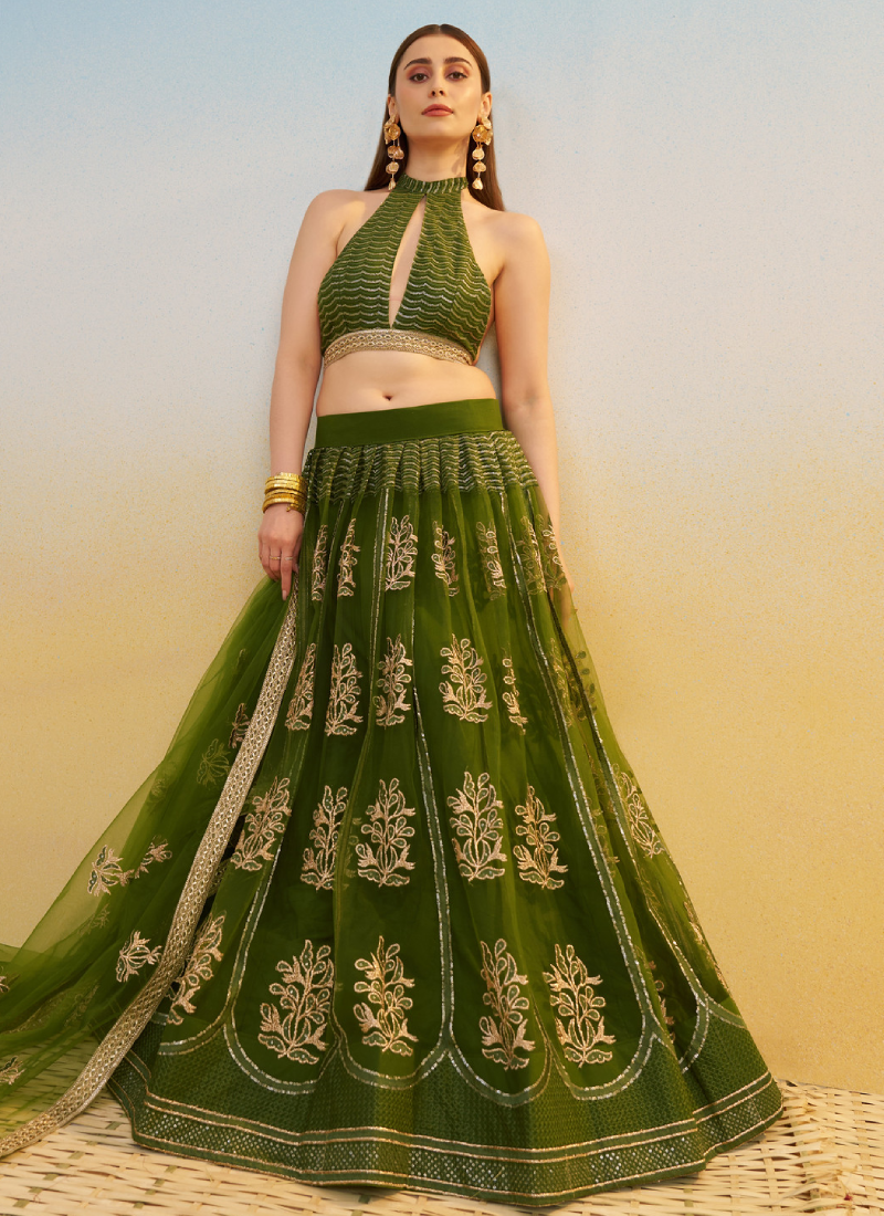 Net Sequence Embroidered Mehendi Green Occasional Fancy Lehenga Choli