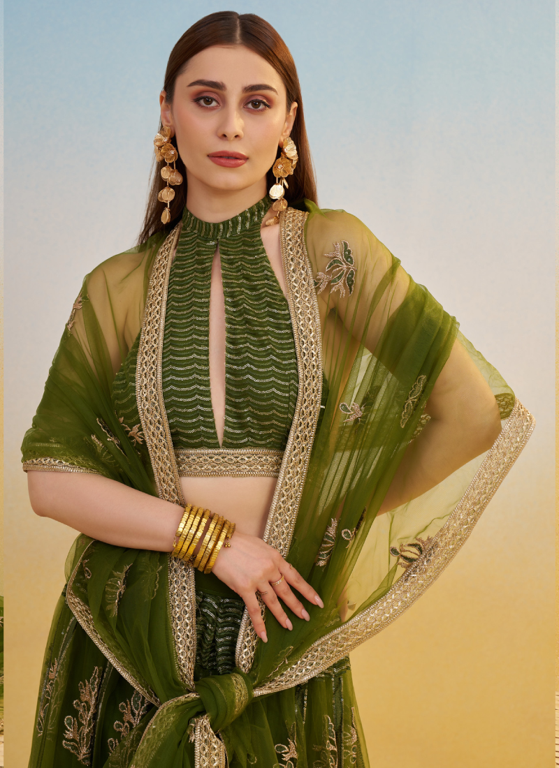 Net Sequence Embroidered Mehendi Green Occasional Fancy Lehenga Choli