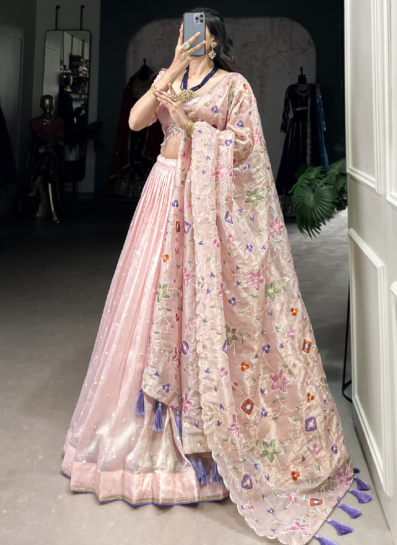 Fascinating Thread Embroidered Silk Light Pink Lehenga Choli