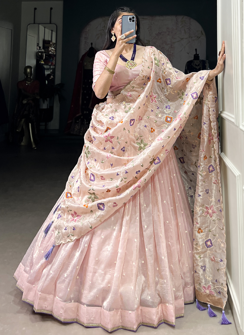 Fascinating Thread Embroidered Silk Light Pink Lehenga Choli