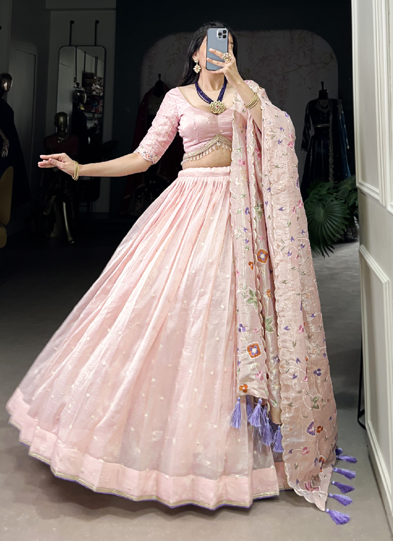 Fascinating Thread Embroidered Silk Light Pink Lehenga Choli