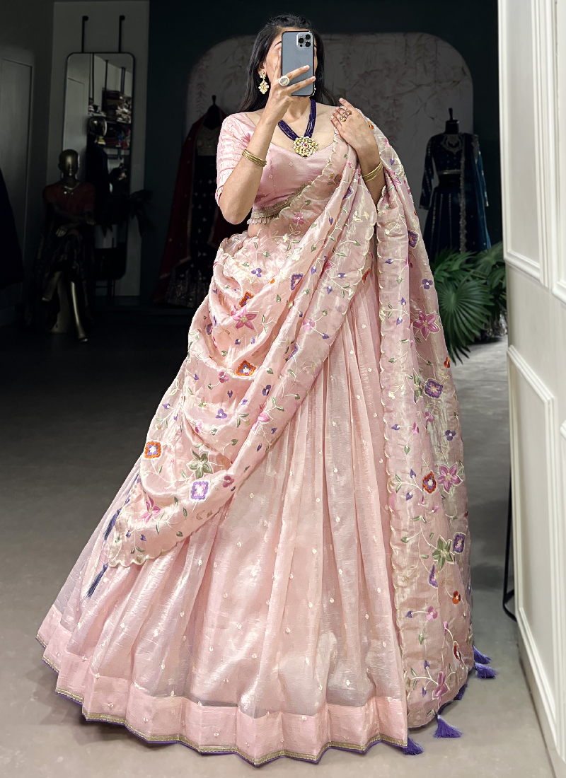 Fascinating Thread Embroidered Silk Light Pink Lehenga Choli