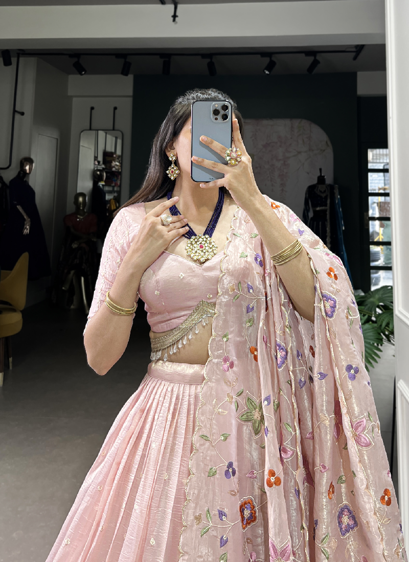 Fascinating Thread Embroidered Silk Light Pink Lehenga Choli