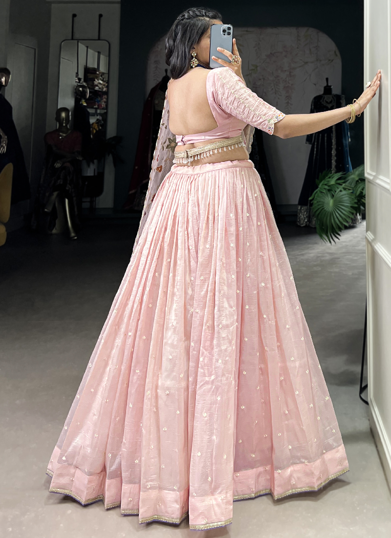 Fascinating Thread Embroidered Silk Light Pink Lehenga Choli