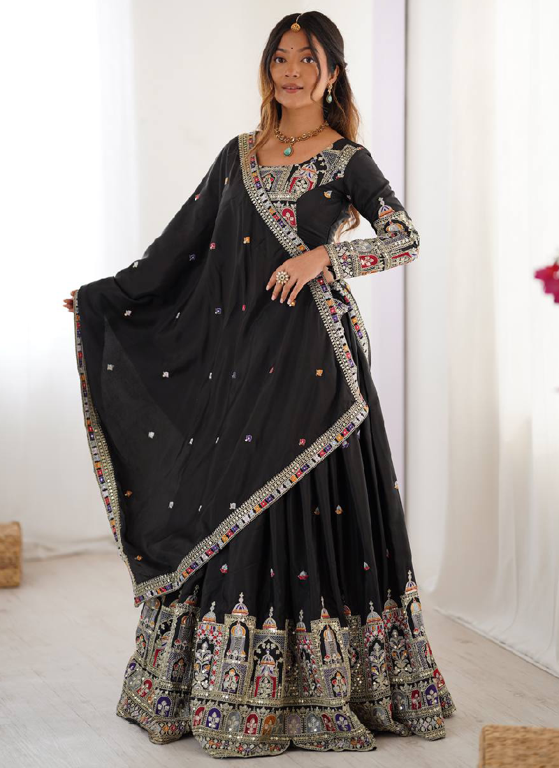 Coding Embroidery Silk Black Lehenga Choli For Party Function