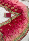 Embroidered Work Chinon Silk Red And Peach Shaded Saree With Blouse
