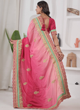 Embroidered Work Chinon Silk Red And Peach Shaded Saree With Blouse