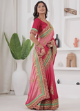Embroidered Work Chinon Silk Red And Peach Shaded Saree With Blouse