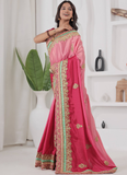 Embroidered Work Chinon Silk Red And Peach Shaded Saree With Blouse