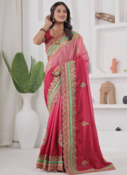 Embroidered Work Chinon Silk Red And Peach Shaded Saree With Blouse