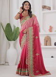 Embroidered Work Chinon Silk Red And Peach Shaded Saree With Blouse