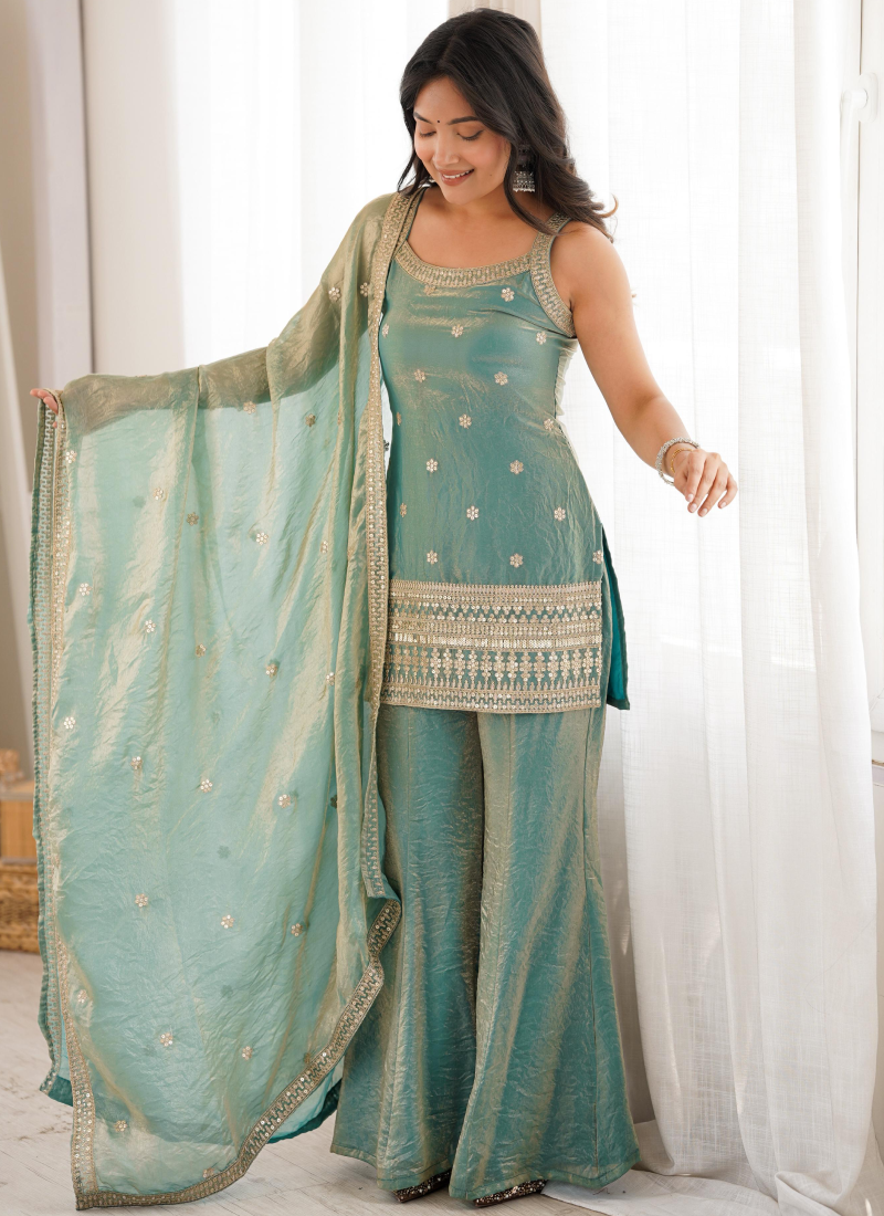 Fully Stitched Bell Bottom Sea Green Embroidery Silk Kurta Suit Set