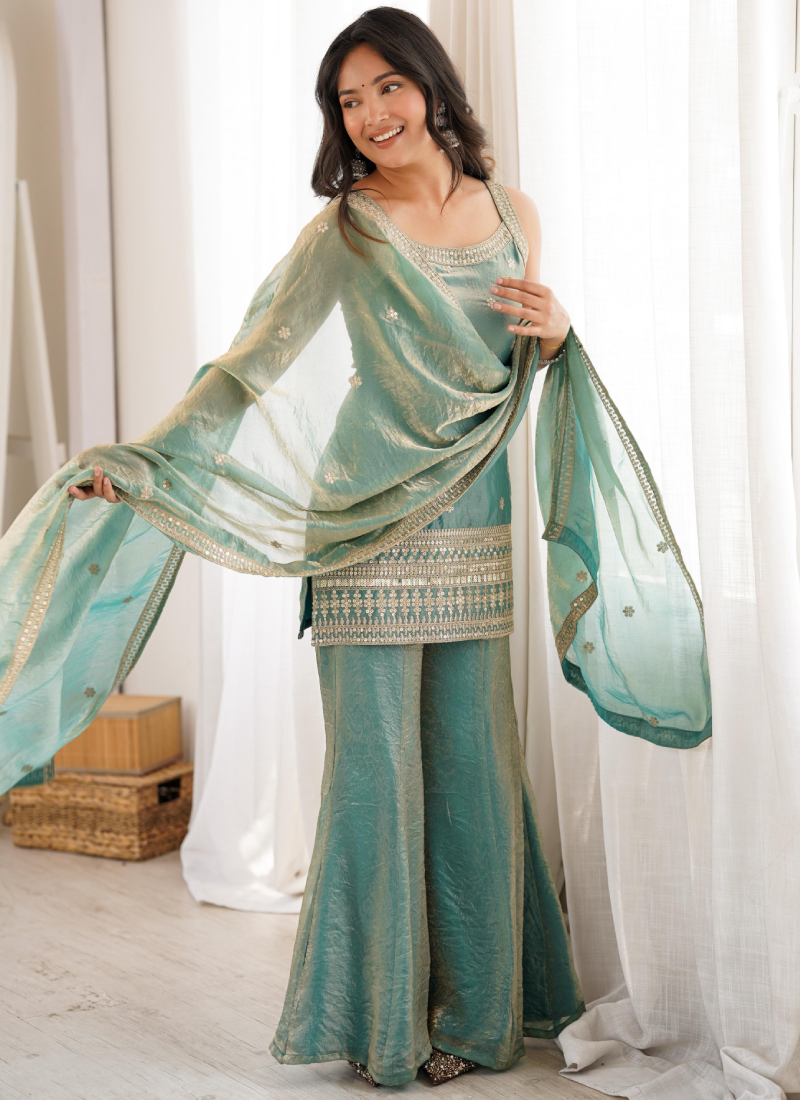 Fully Stitched Bell Bottom Sea Green Embroidery Silk Kurta Suit Set