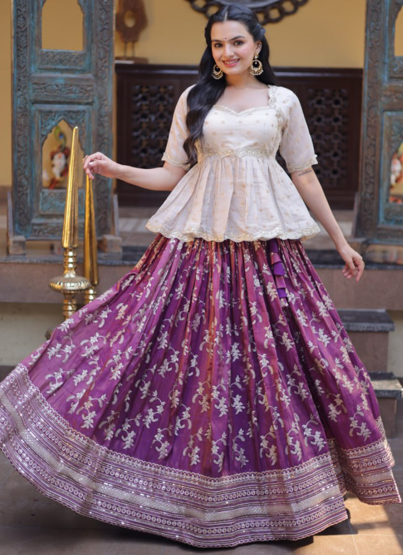 Wine Zari Weaving Viscose Jacquard Fully Stitched Lehenga Choli Set