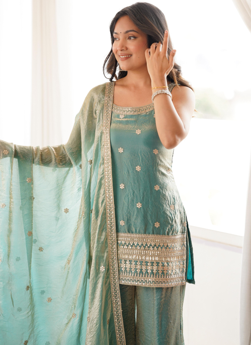 Fully Stitched Bell Bottom Sea Green Embroidery Silk Kurta Suit Set