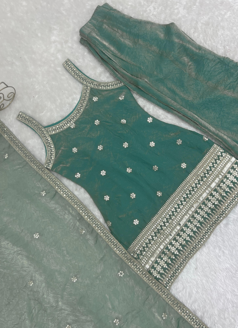 Fully Stitched Bell Bottom Sea Green Embroidery Silk Kurta Suit Set