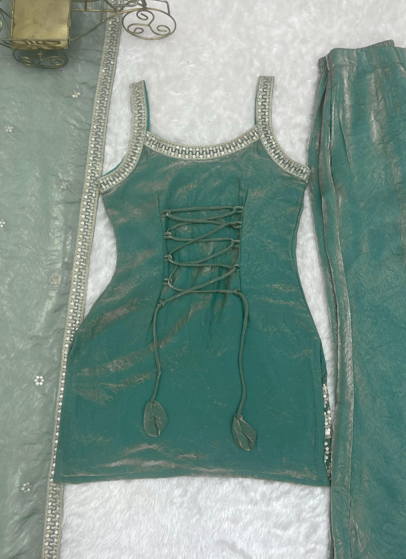 Fully Stitched Bell Bottom Sea Green Embroidery Silk Kurta Suit Set