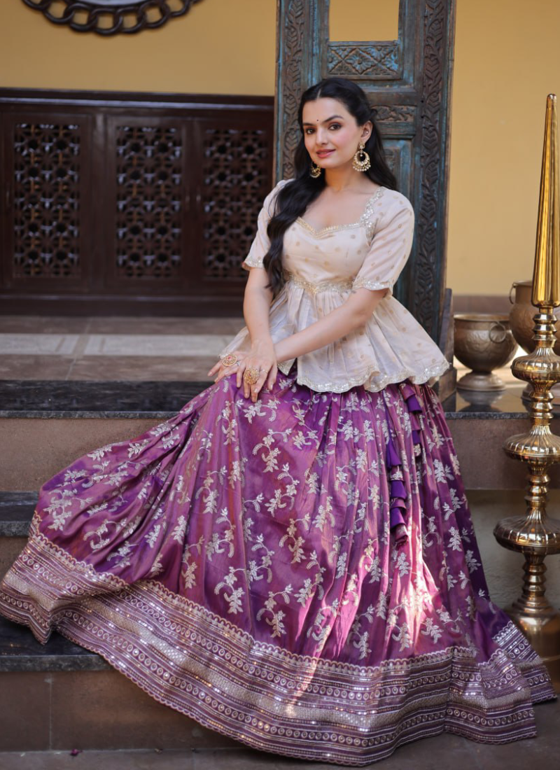 Wine Zari Weaving Viscose Jacquard Fully Stitched Lehenga Choli Set