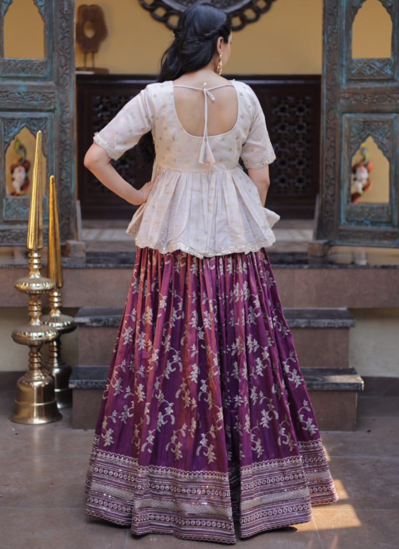 Wine Zari Weaving Viscose Jacquard Fully Stitched Lehenga Choli Set