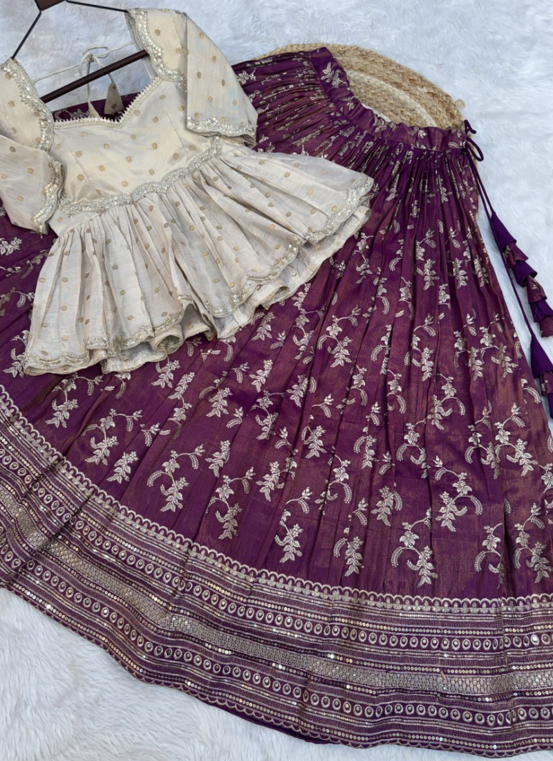 Wine Zari Weaving Viscose Jacquard Fully Stitched Lehenga Choli Set