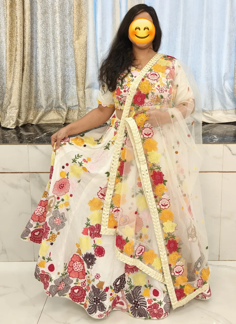 Wedding Wear Multi Thread Sequence Work Simple White Lehenga Choli