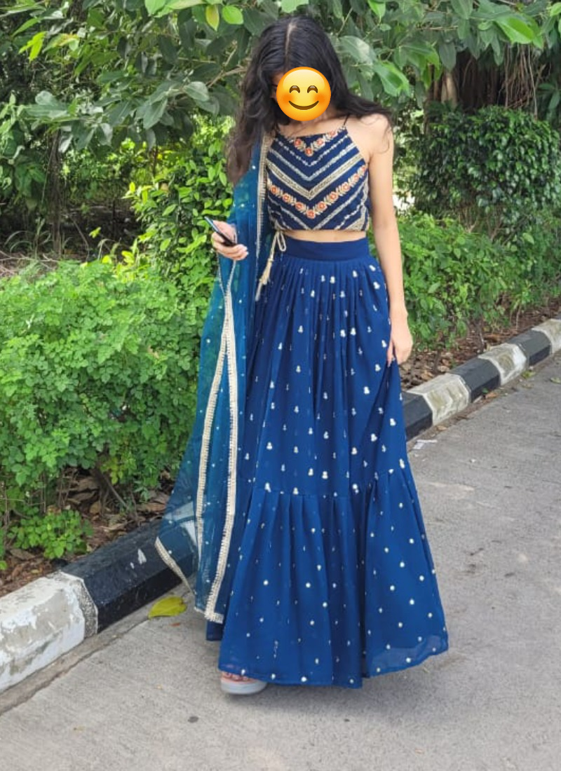 Ruffle Style Teal Blue Georgette Sequence Work Lehenga Choli