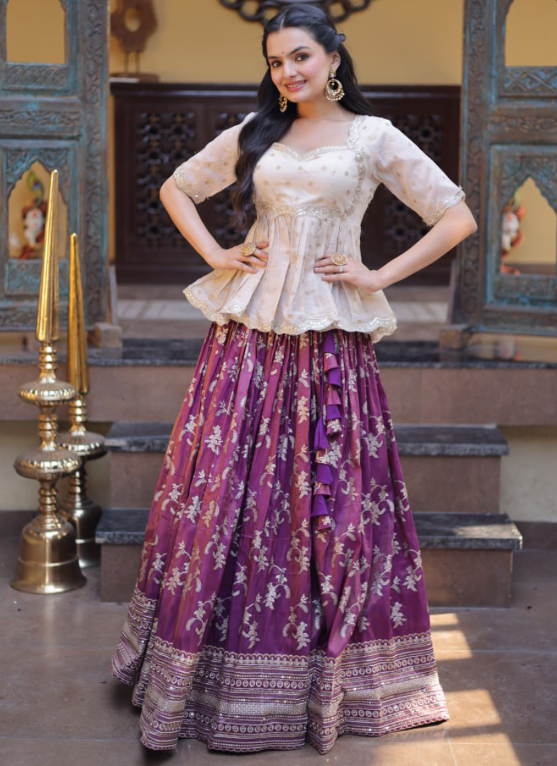 Wine Zari Weaving Viscose Jacquard Fully Stitched Lehenga Choli Set