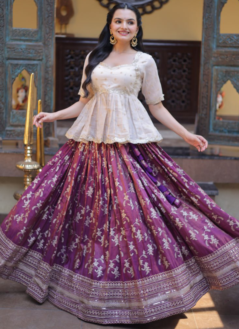Wine Zari Weaving Viscose Jacquard Fully Stitched Lehenga Choli Set