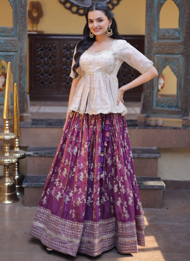 Wine Zari Weaving Viscose Jacquard Fully Stitched Lehenga Choli Set