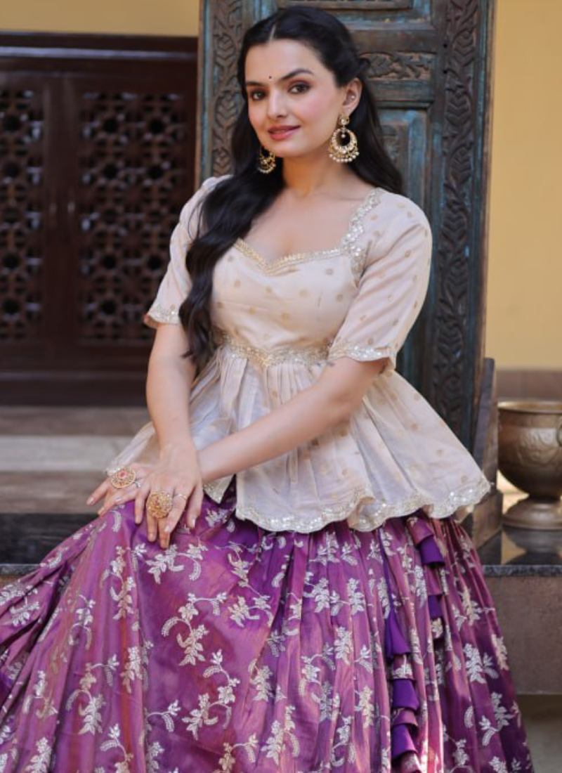 Wine Zari Weaving Viscose Jacquard Fully Stitched Lehenga Choli Set