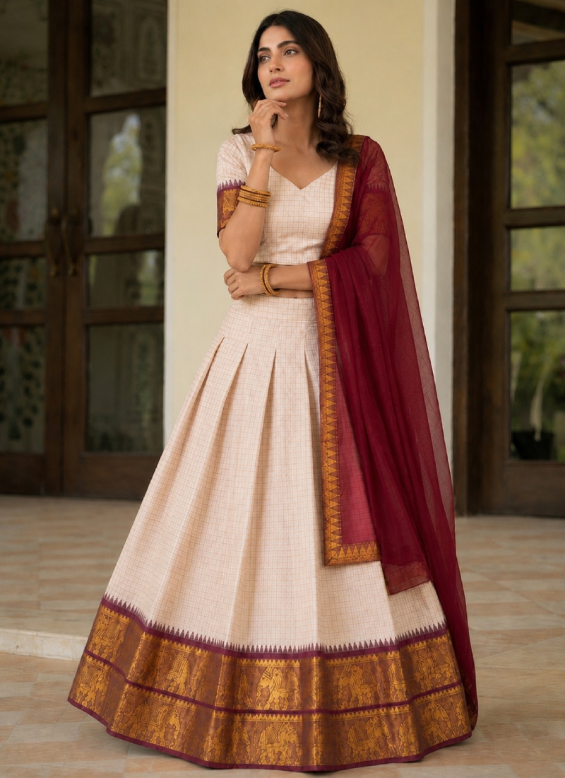 Off White Cotton Zari Weaving Work South Indian Style Half Saree Lehenga