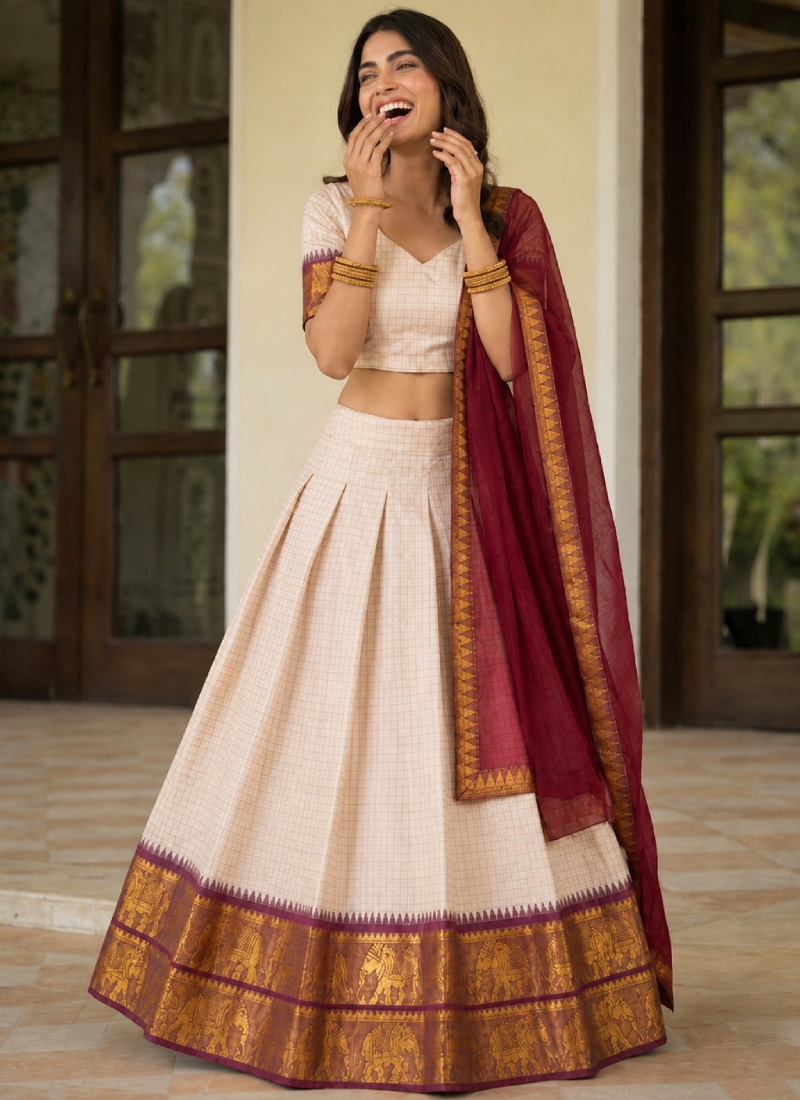 Off White Cotton Zari Weaving Work South Indian Style Half Saree Lehenga
