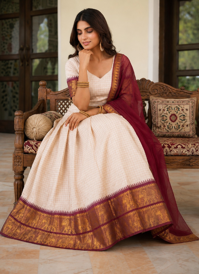 Off White Cotton Zari Weaving Work South Indian Style Half Saree Lehenga
