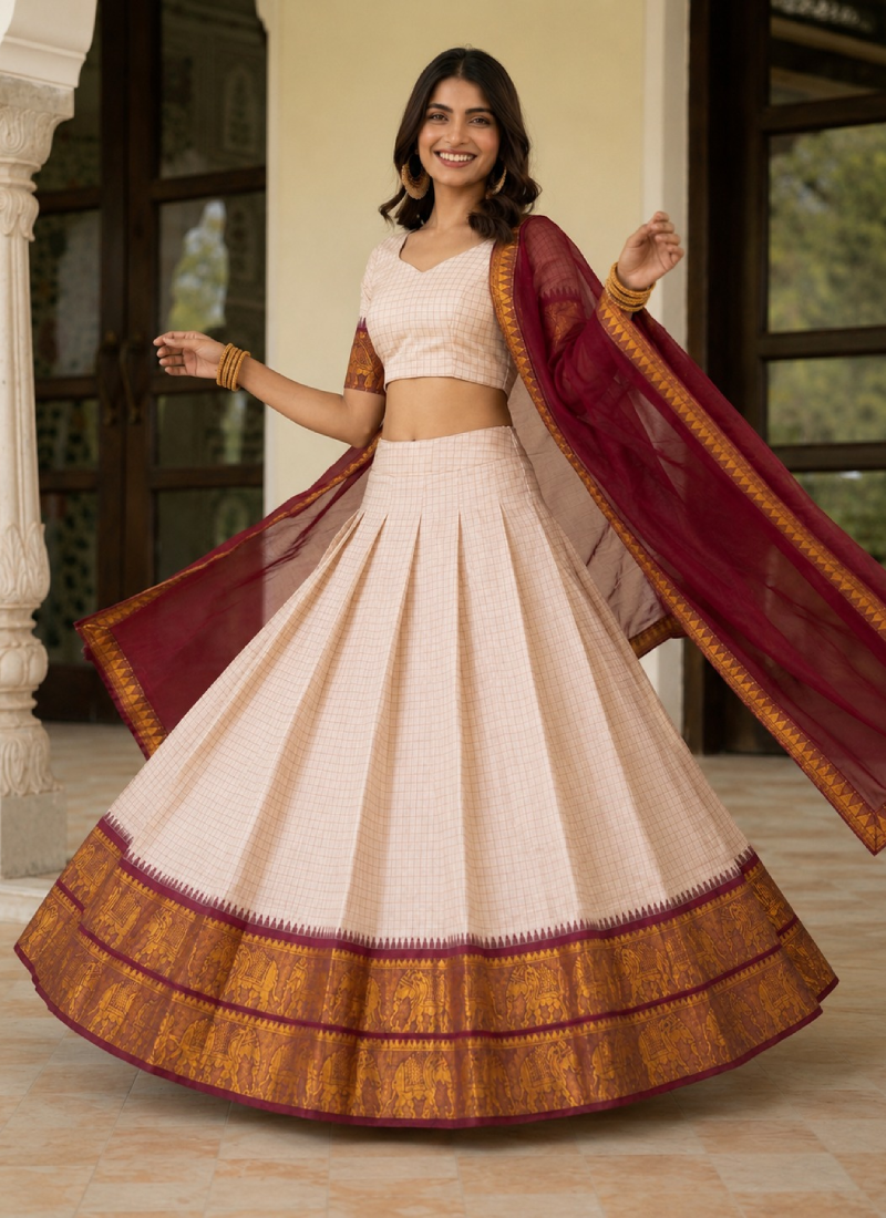 Off White Cotton Zari Weaving Work South Indian Style Half Saree Lehenga