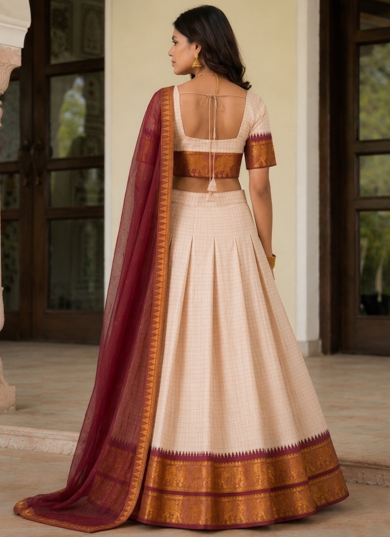 Off White Cotton Zari Weaving Work South Indian Style Half Saree Lehenga