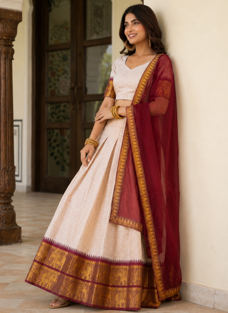 Off White Cotton Zari Weaving Work South Indian Style Half Saree Lehenga
