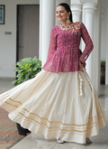 Off White Embroidery Work Peplum Choli With Kora Cotton Lehenga