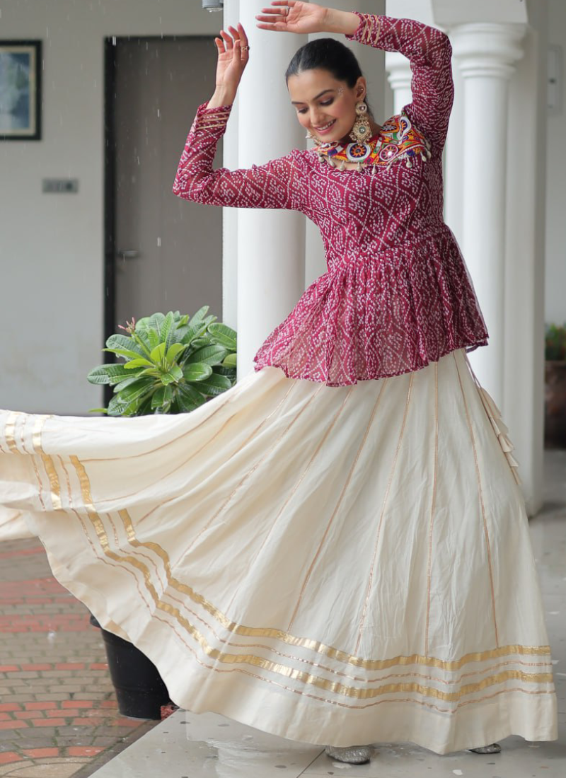 Off White Embroidery Work Peplum Choli With Kora Cotton Lehenga