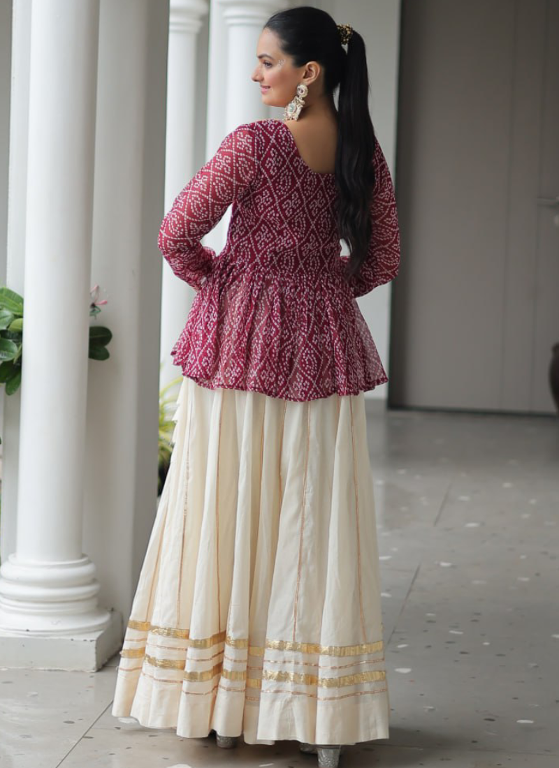 Off White Embroidery Work Peplum Choli With Kora Cotton Lehenga