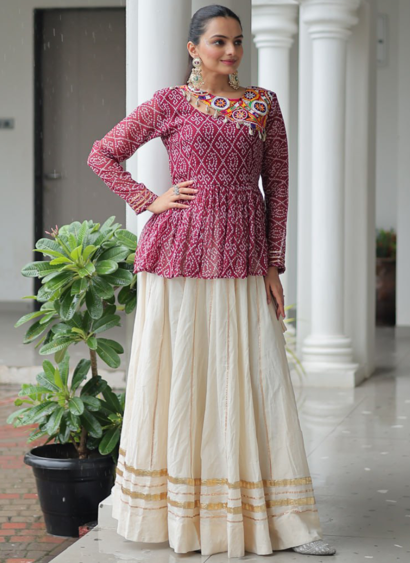 Off White Embroidery Work Peplum Choli With Kora Cotton Lehenga