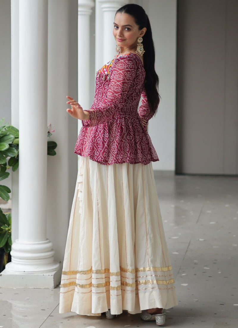 Off White Embroidery Work Peplum Choli With Kora Cotton Lehenga