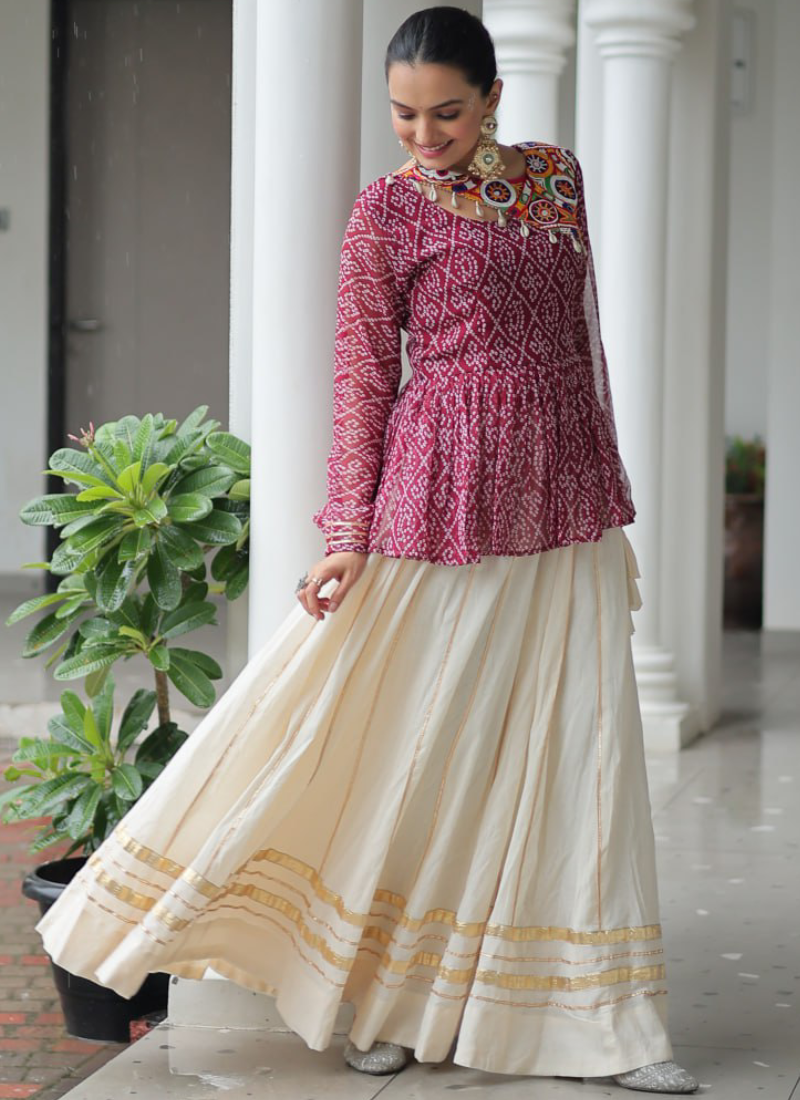 Off White Embroidery Work Peplum Choli With Kora Cotton Lehenga