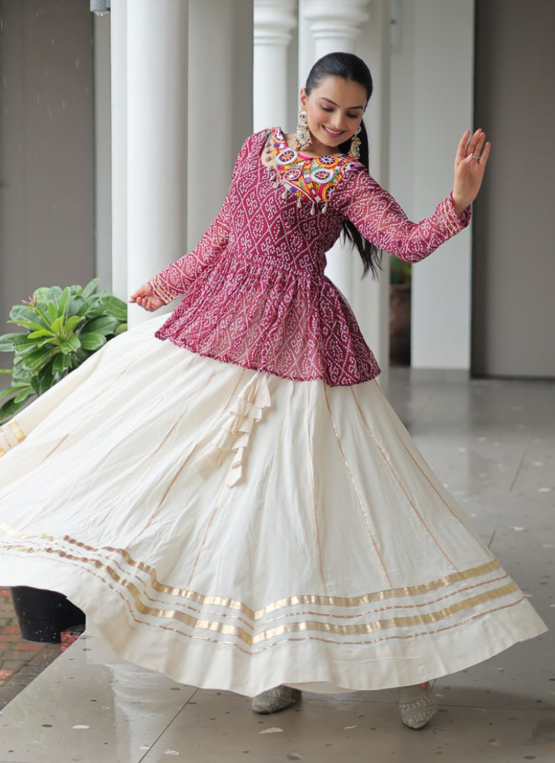 Off White Embroidery Work Peplum Choli With Kora Cotton Lehenga