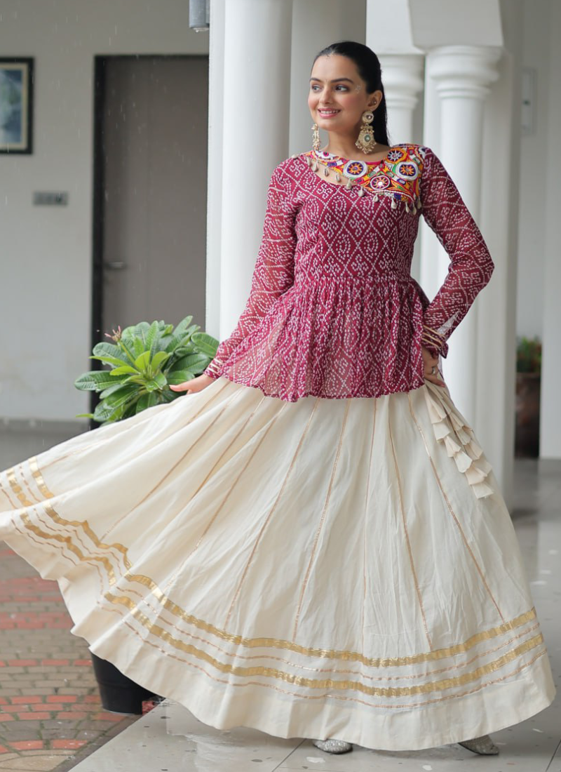 Off White Embroidery Work Peplum Choli With Kora Cotton Lehenga