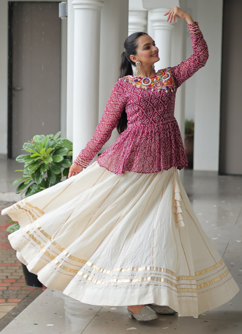 Off White Embroidery Work Peplum Choli With Kora Cotton Lehenga