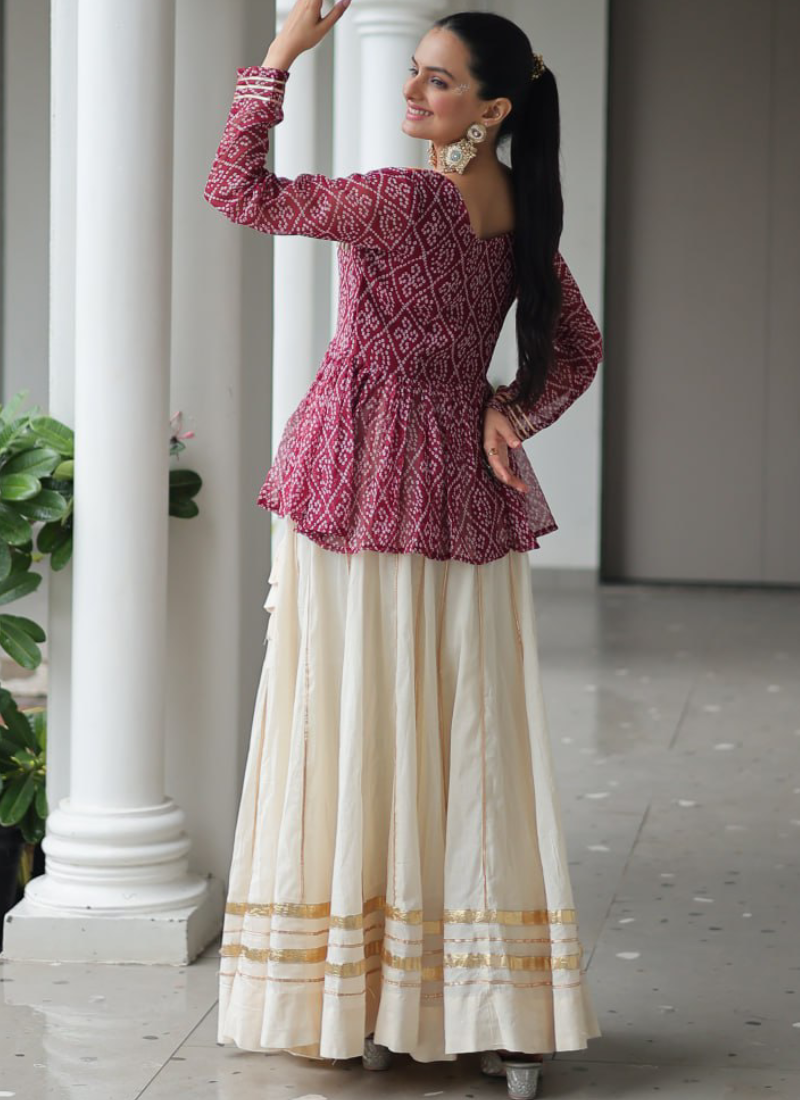 Off White Embroidery Work Peplum Choli With Kora Cotton Lehenga
