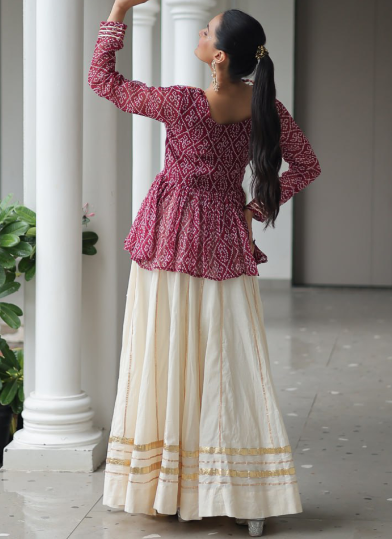 Off White Embroidery Work Peplum Choli With Kora Cotton Lehenga