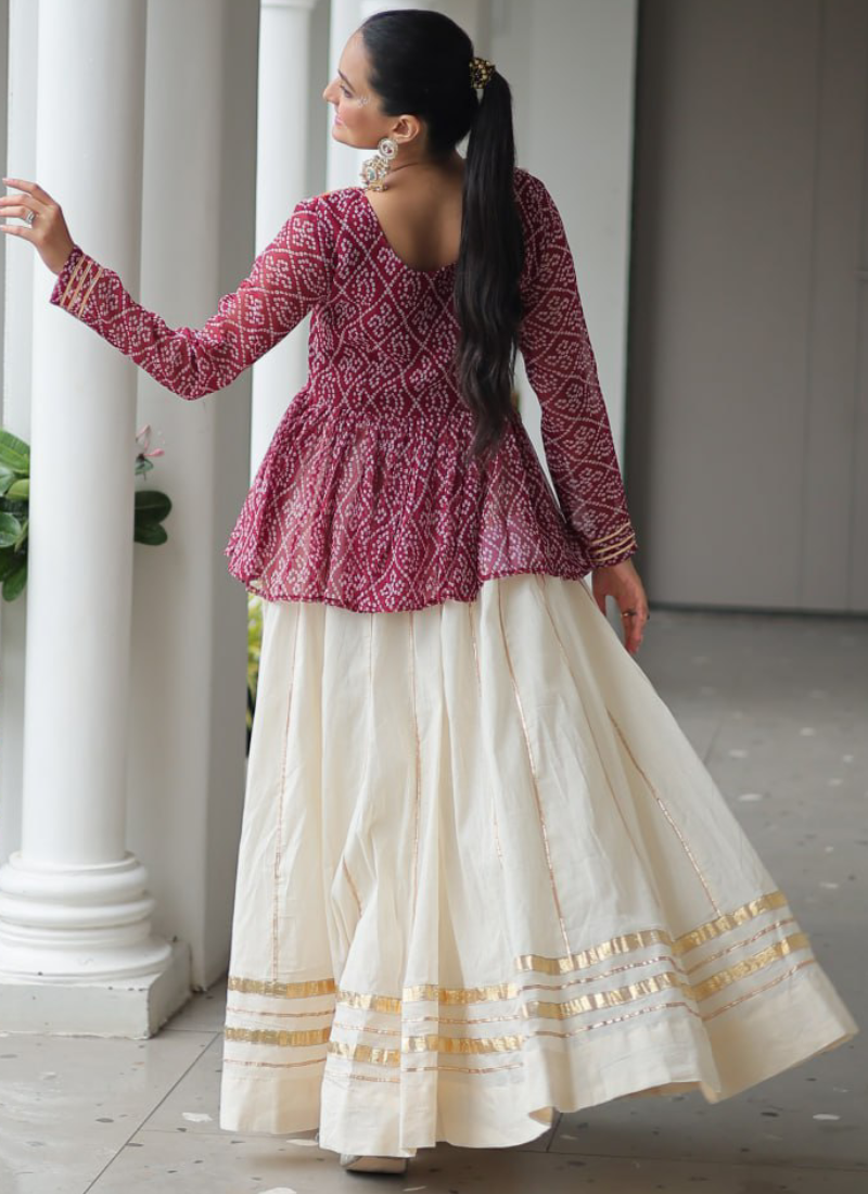 Off White Embroidery Work Peplum Choli With Kora Cotton Lehenga